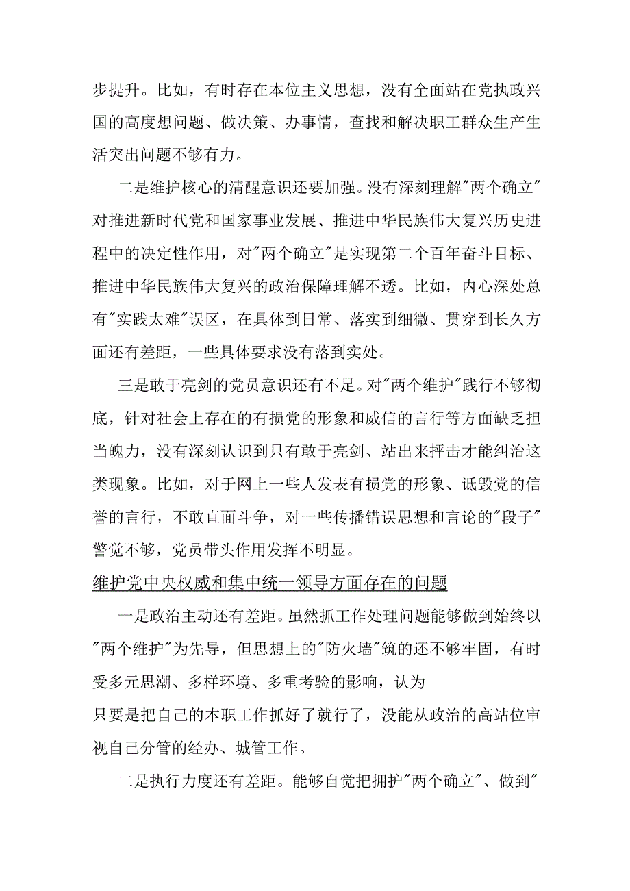 2024年维护党中央权威和集中统一领导与践行宗旨、服务人民2个方面存在的问题【各15篇】汇编供参考.docx_第2页