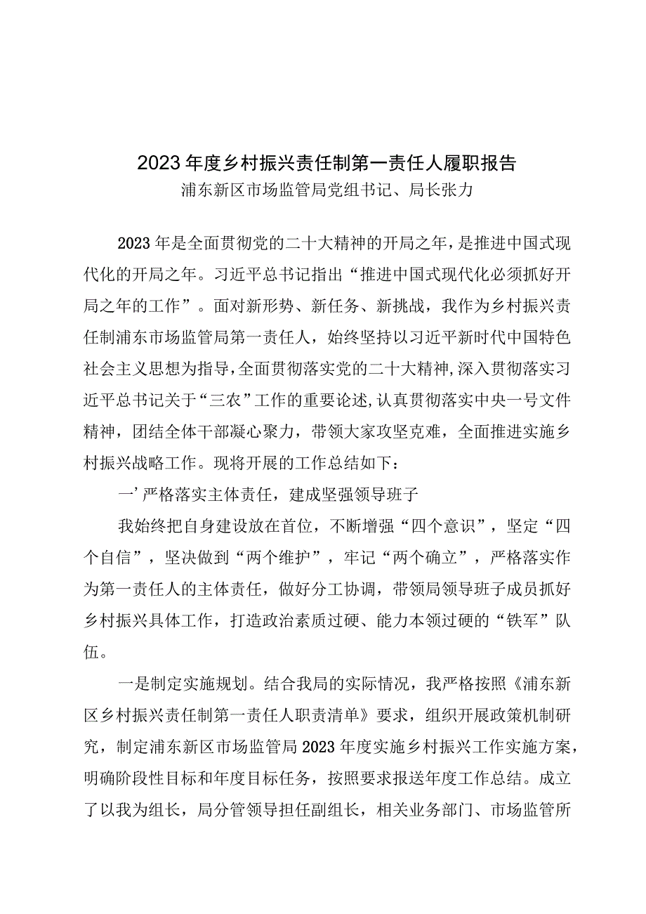 2023年度乡村振兴责任制第一责任人履职报告.docx_第1页