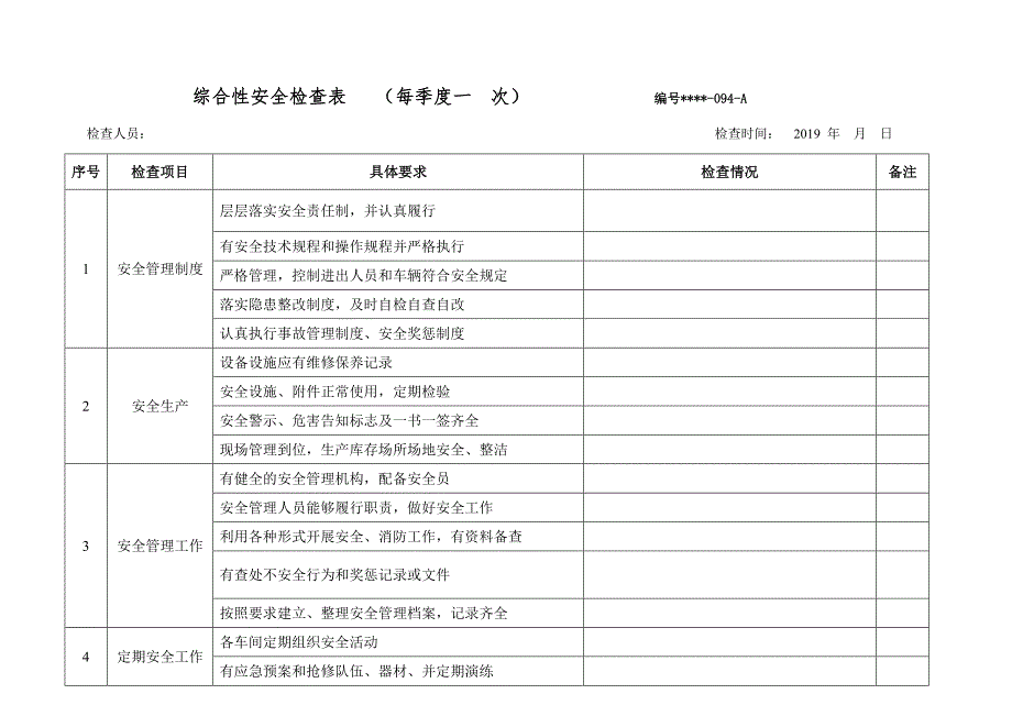 安全检查表精简版（综合、车间、仓库、电气、防火防爆消防、季节、节假日）.doc_第1页