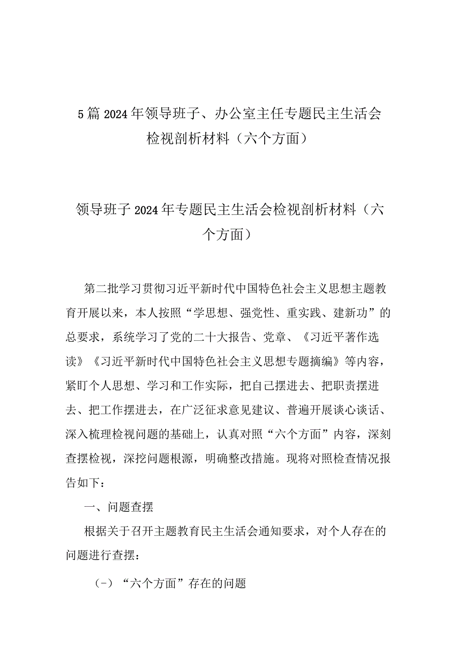 5篇2024年领导班子、办公室主任专题民主生活会检视剖析材料(六个方面).docx_第1页