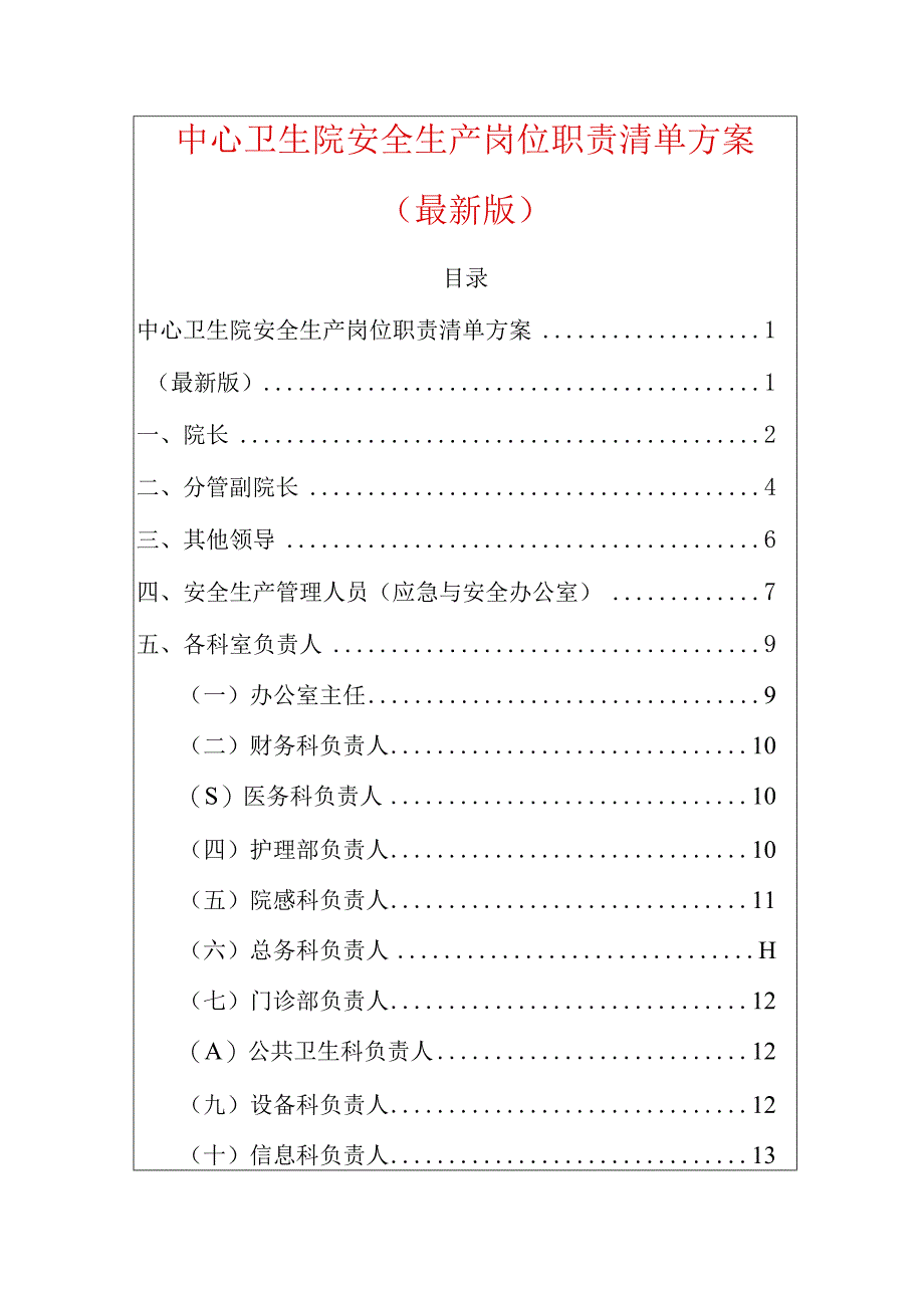 2024中心卫生院安全生产岗位职责清单方案（最新版）.docx_第1页