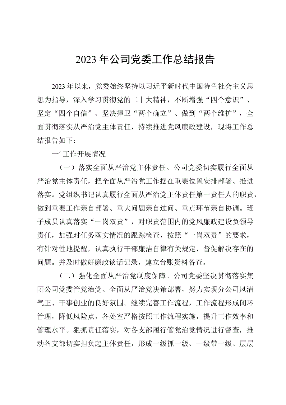 2023年公司党委工作总结报告.docx_第1页