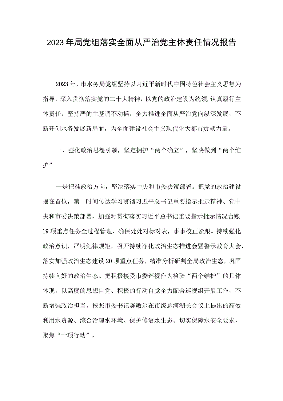 2023年局党组落实全面从严治党主体责任情况报告.docx_第1页