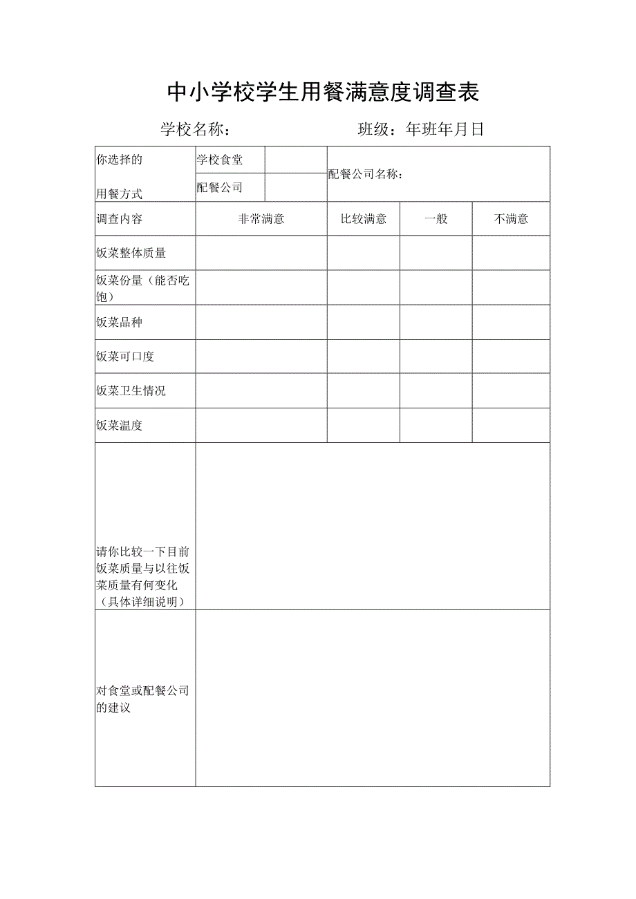 中小学校学生用餐满意度调查表.docx_第1页