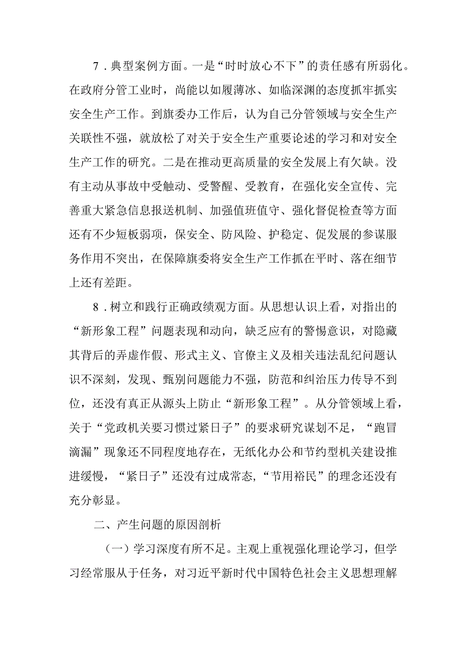 2024年专题民主生活会八个方面个人对照检查发言材料(典型案例方面、树立和践行正确政绩观方面).docx_第3页