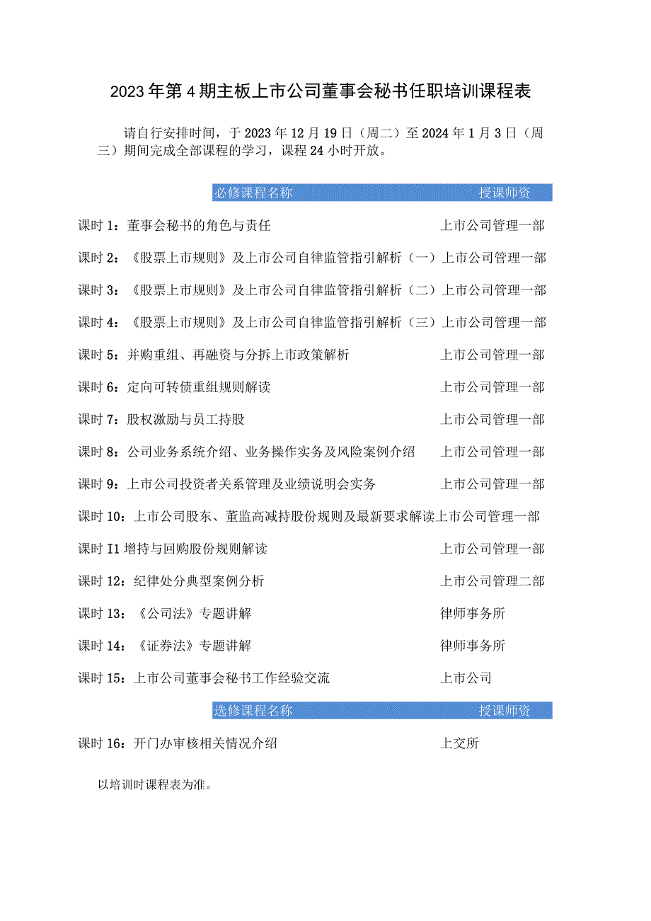 2023年第4期主板上市公司董事会秘书任职培训课程表.docx_第1页