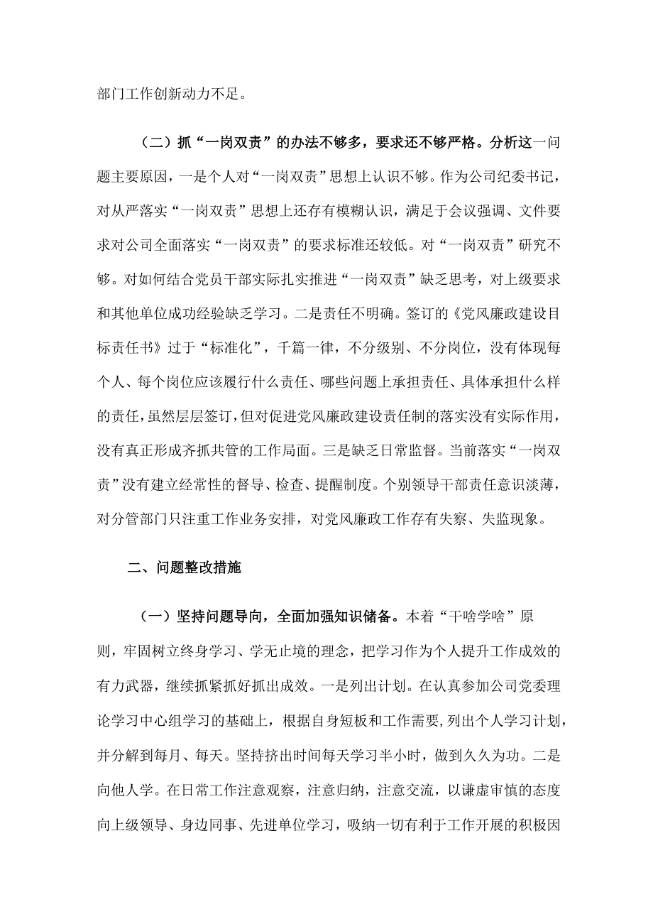 公司纪委书记“大学习大调研大改进”个人摆查发言材料.docx_第2页