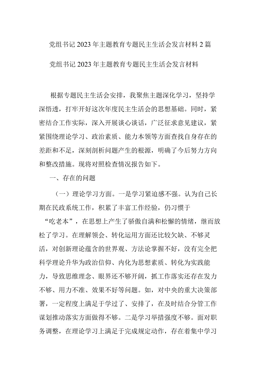 党组书记2023年主题教育专题民主生活会发言材料2篇.docx_第1页