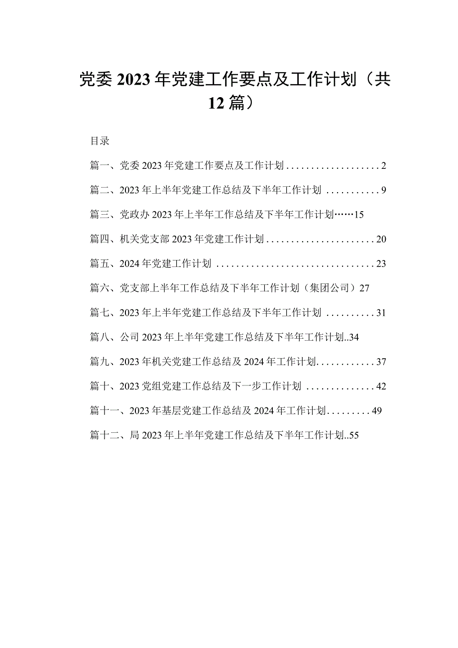 党委2023年党建工作要点及工作计划12篇供参考.docx_第1页