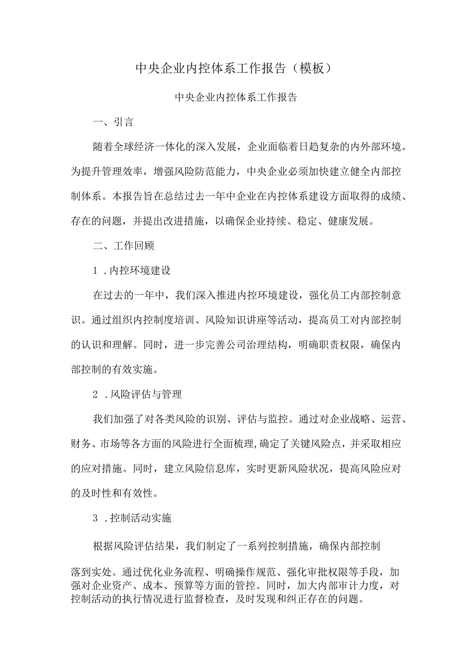 中央企业内控体系工作报告(模板).docx_第1页