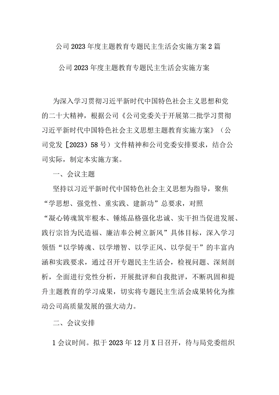 公司2023年度主题教育专题民主生活会实施方案2篇.docx_第1页