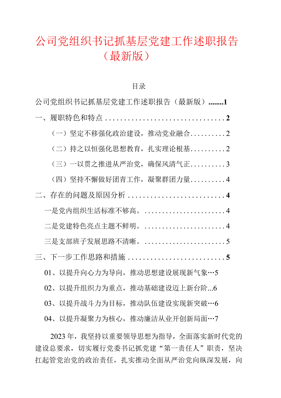 2024公司党组织书记抓基层党建工作述职报告（最新版）.docx_第1页