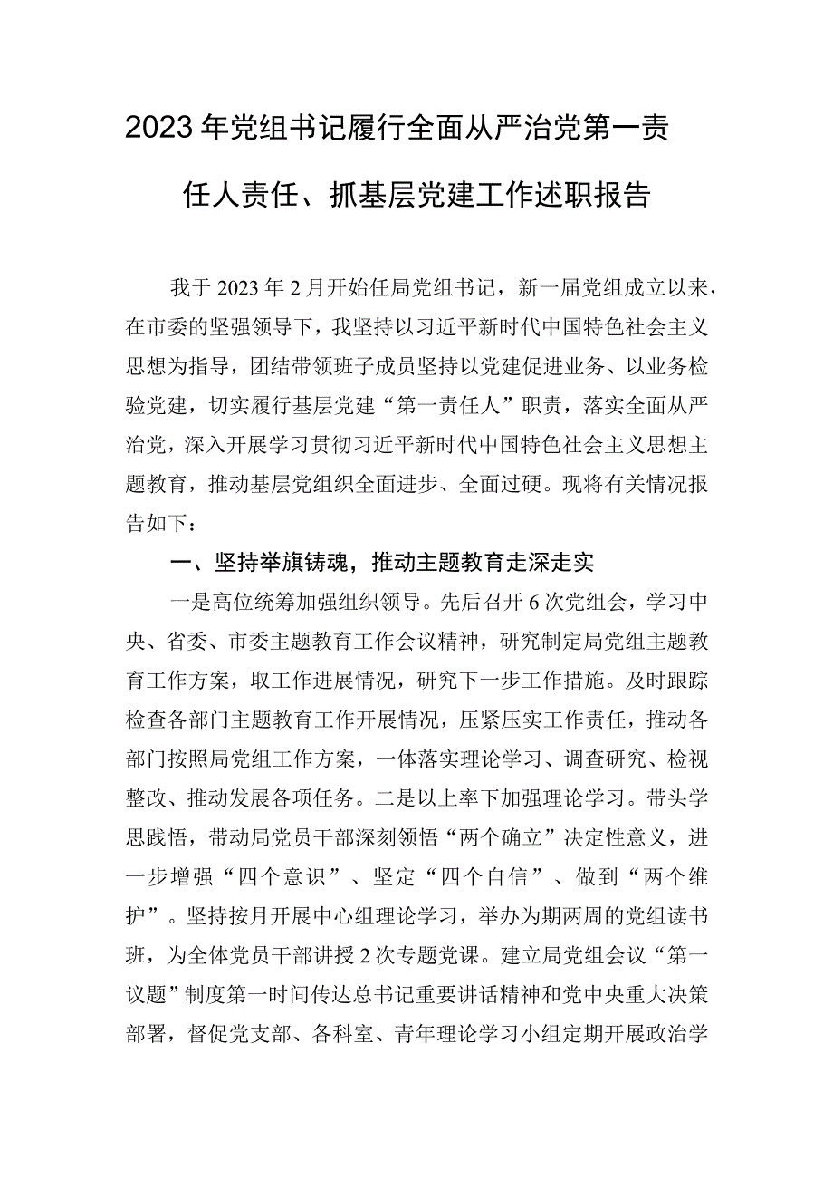 2023年党组书记履行全面从严治党第一责任人责任、抓基层党建工作述职报告.docx_第1页