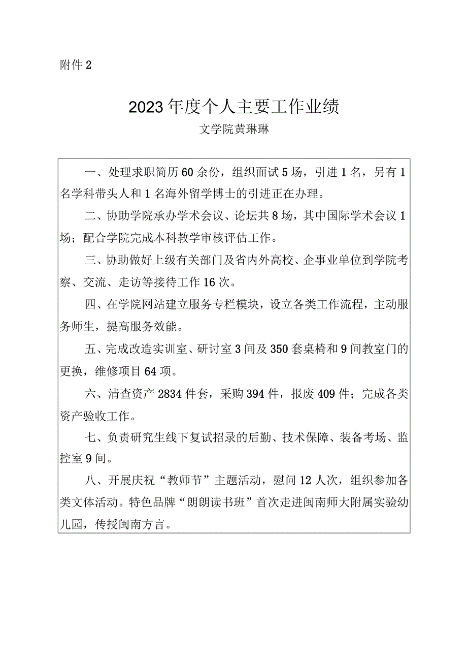 202312年度个人主要工作业绩 (黄琳琳).docx_第1页