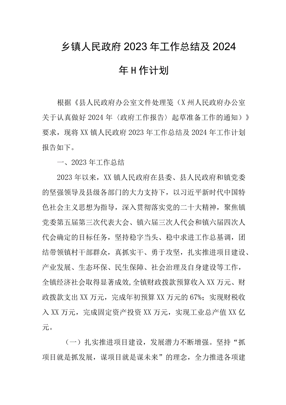 乡镇人民政府2023年工作总结及2024年工作计划.docx_第1页