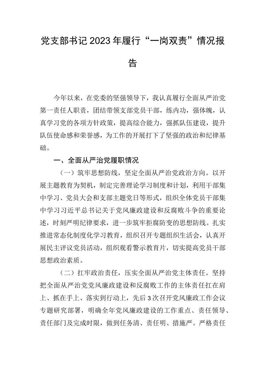 党支部书记2023年履行“一岗双责”情况报告.docx_第1页