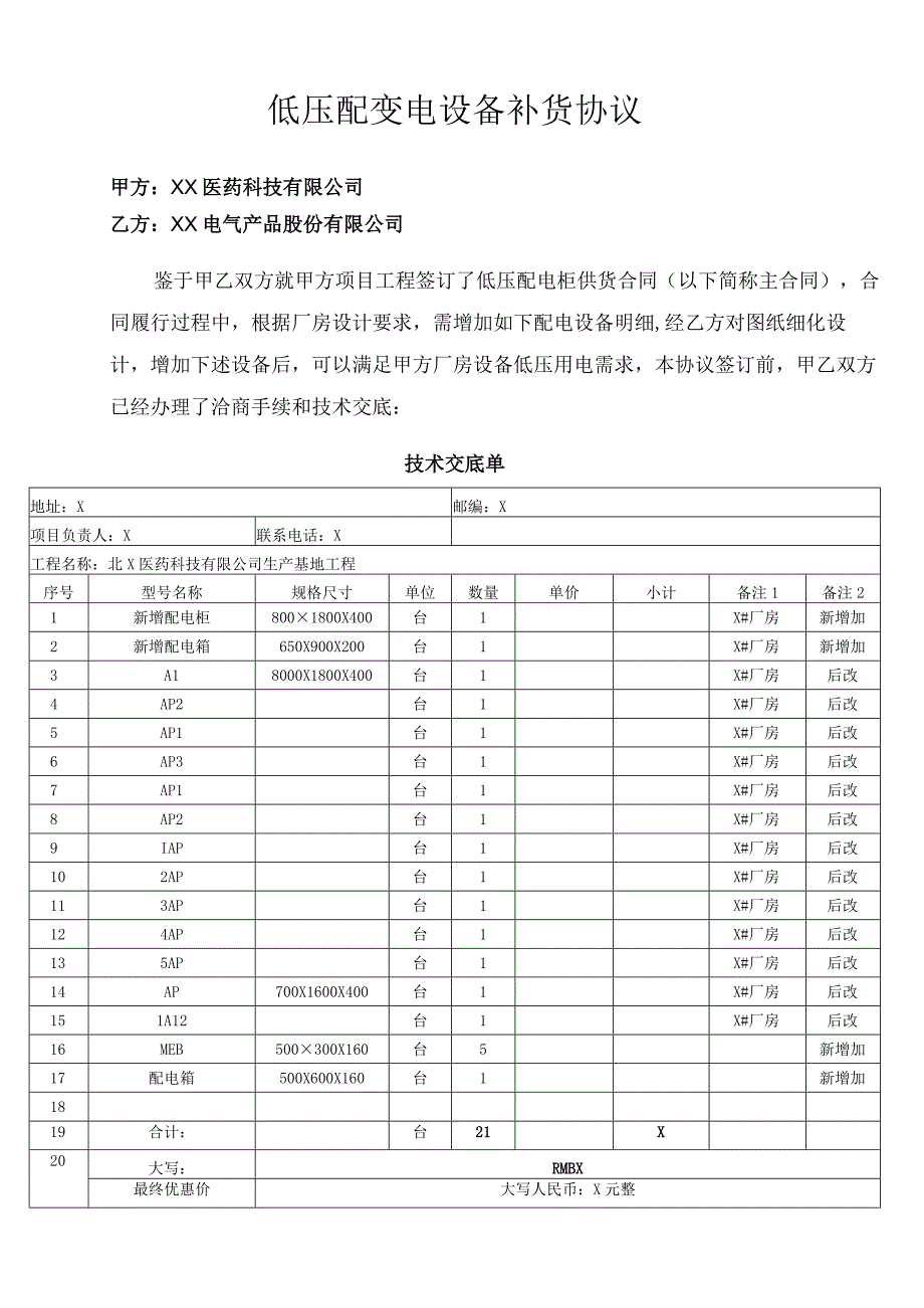 低压配变电设备补货协议（2024年XX医药科技有限公司与XX电气产品股份有限公司）.docx_第1页