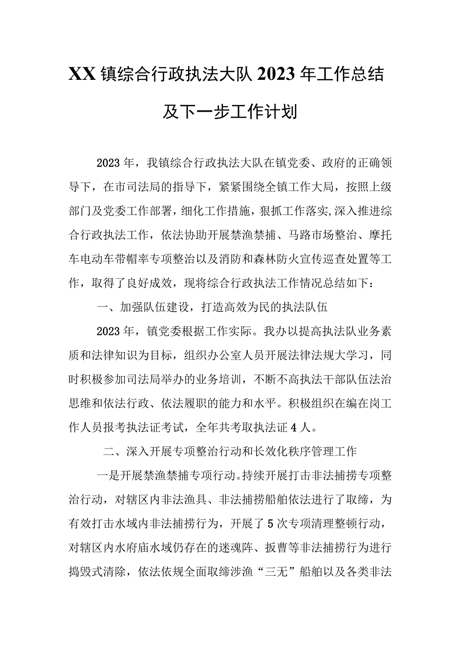 XX镇综合行政执法大队2023年 工作总结及下一步工作计划.docx_第1页