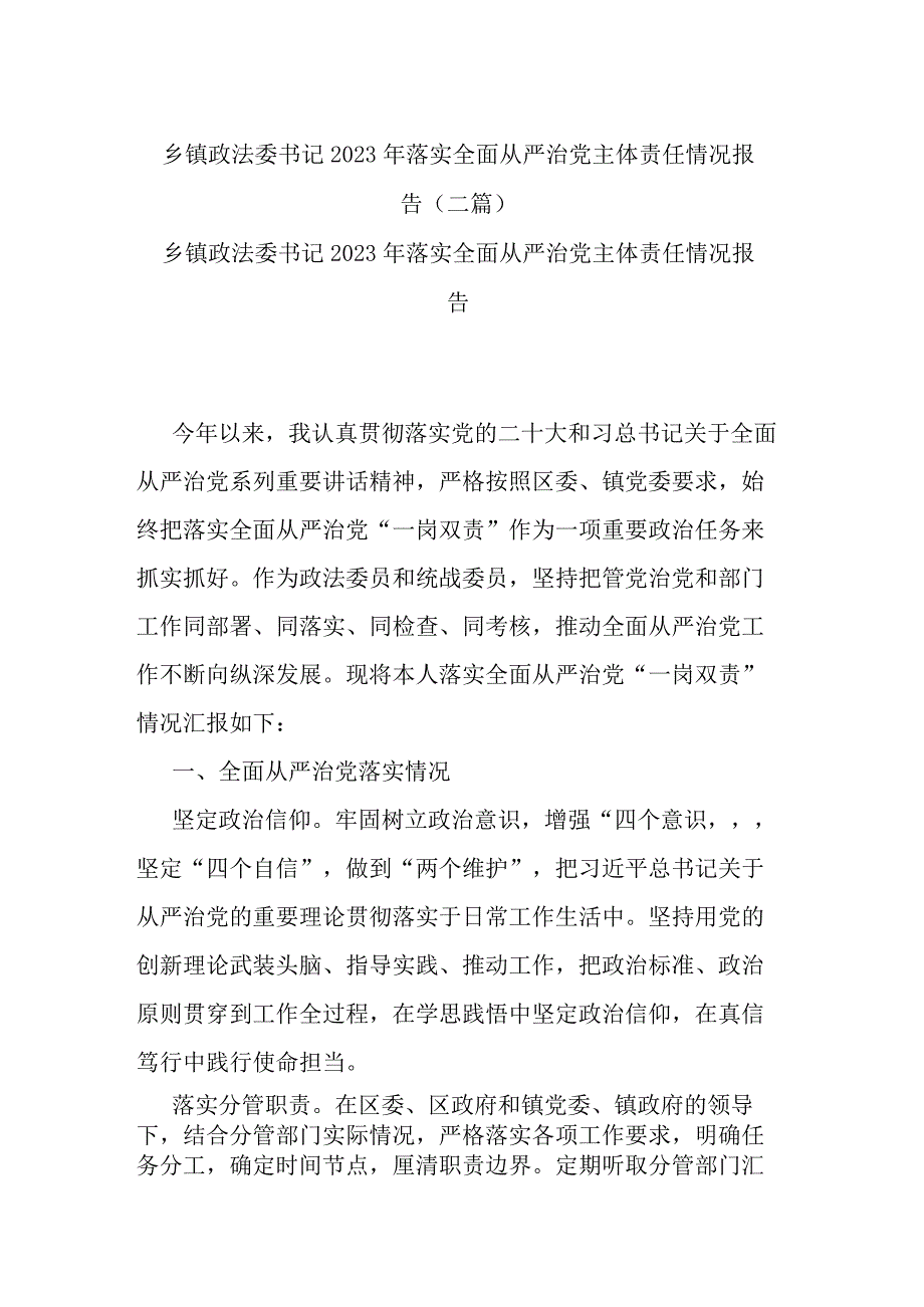 乡镇政法委书记2023年落实全面从严治党主体责任情况报告.docx_第1页