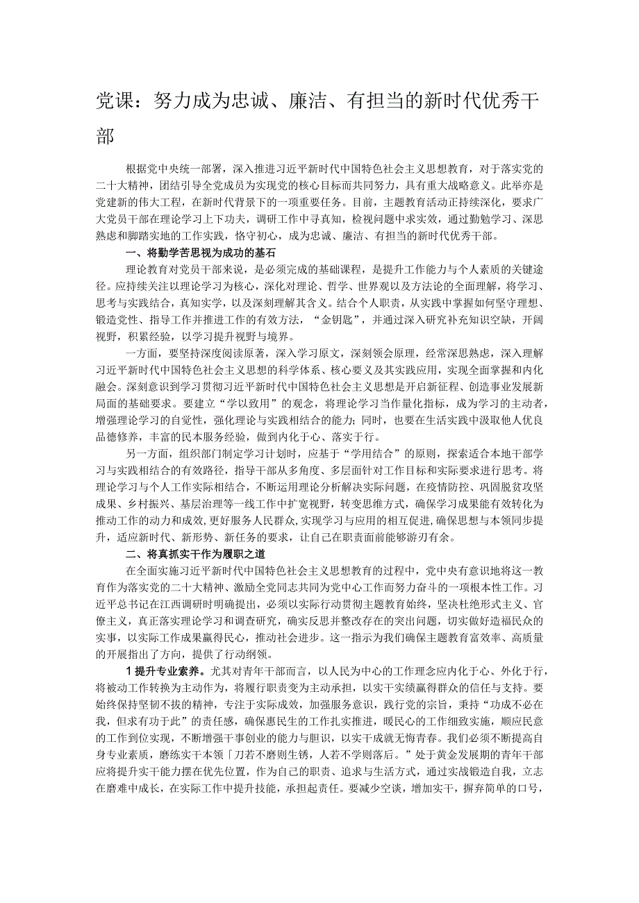 党课：努力成为忠诚、廉洁、有担当的新时代优秀干部.docx_第1页