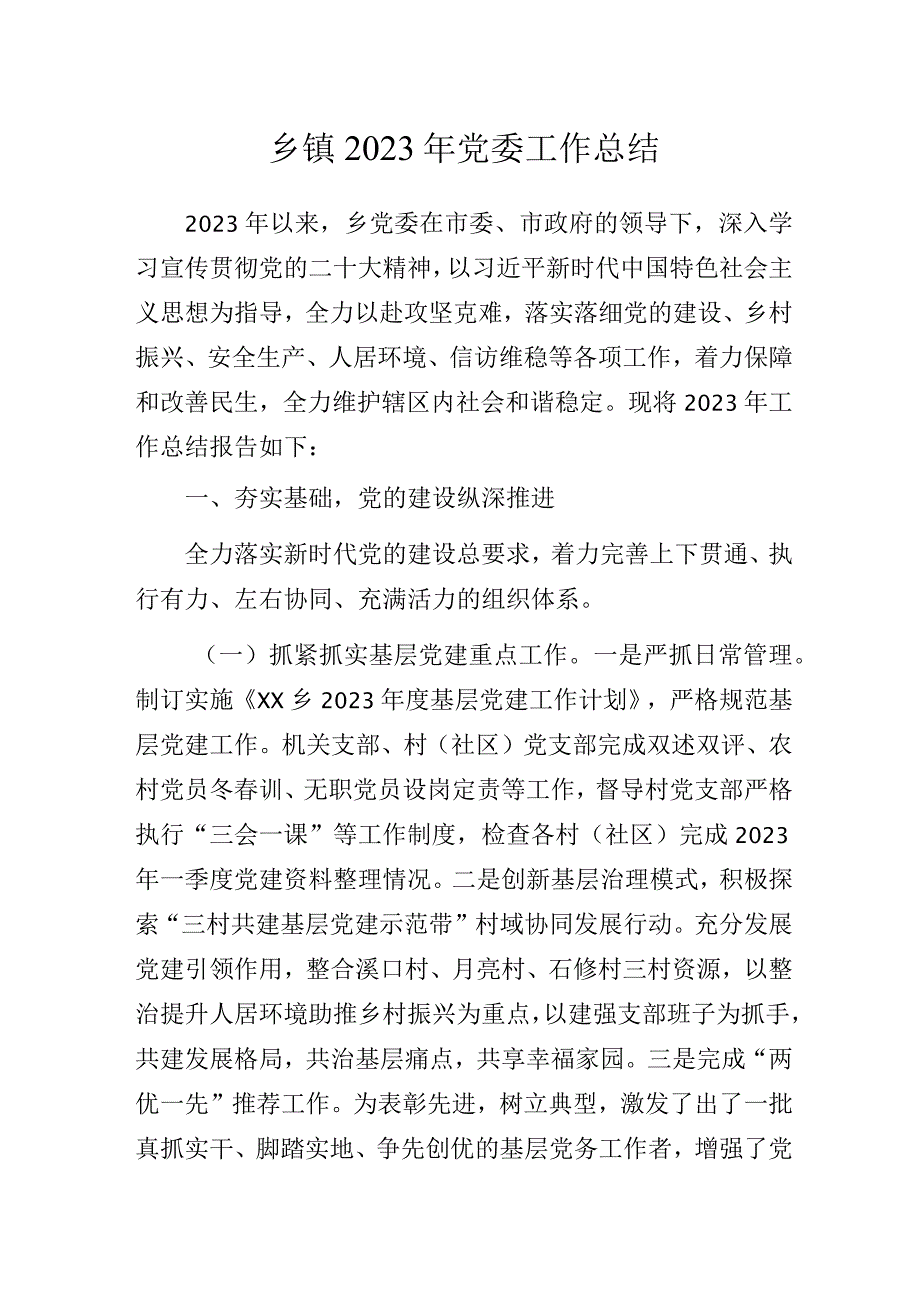 乡镇2023年党委工作总结.docx_第1页