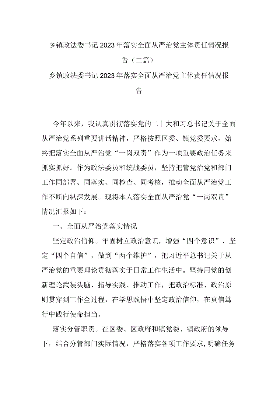 乡镇政法委书记2023年落实全面从严治党主体责任情况报告(二篇).docx_第1页