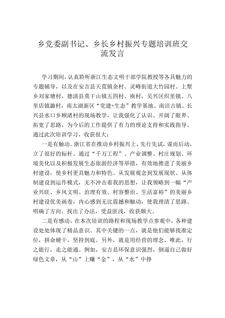 乡党委副书记、乡长乡村振兴专题培训班交流发言.docx_第1页