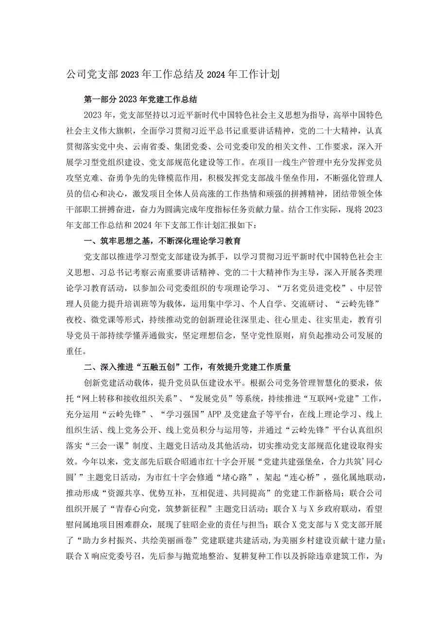 公司党支部2023年工作总结及2024年工作计划.docx_第1页