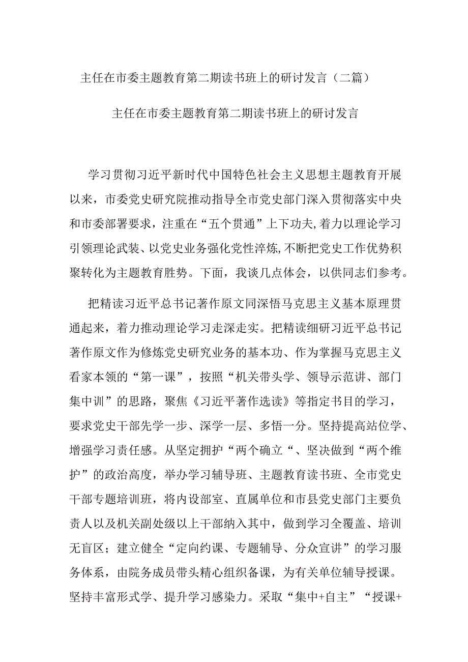 主任在市委主题教育第二期读书班上的研讨发言(二篇).docx_第1页