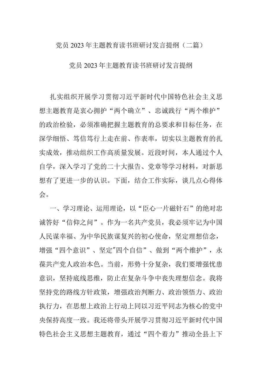 党员2023年主题教育读书班研讨发言提纲(二篇).docx_第1页