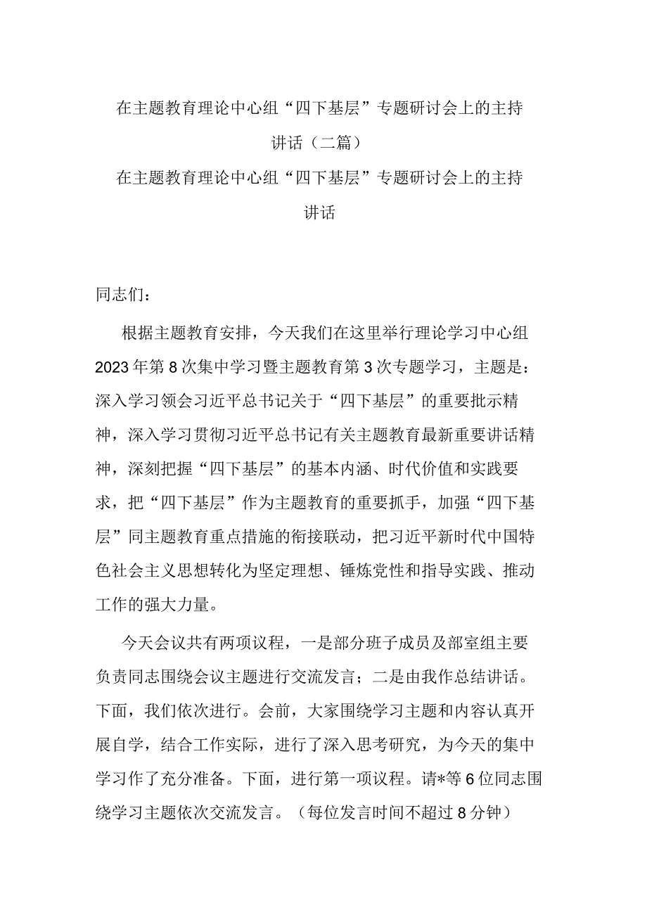 在主题教育理论中心组“四下基层”专题研讨会上的主持讲话.docx_第1页