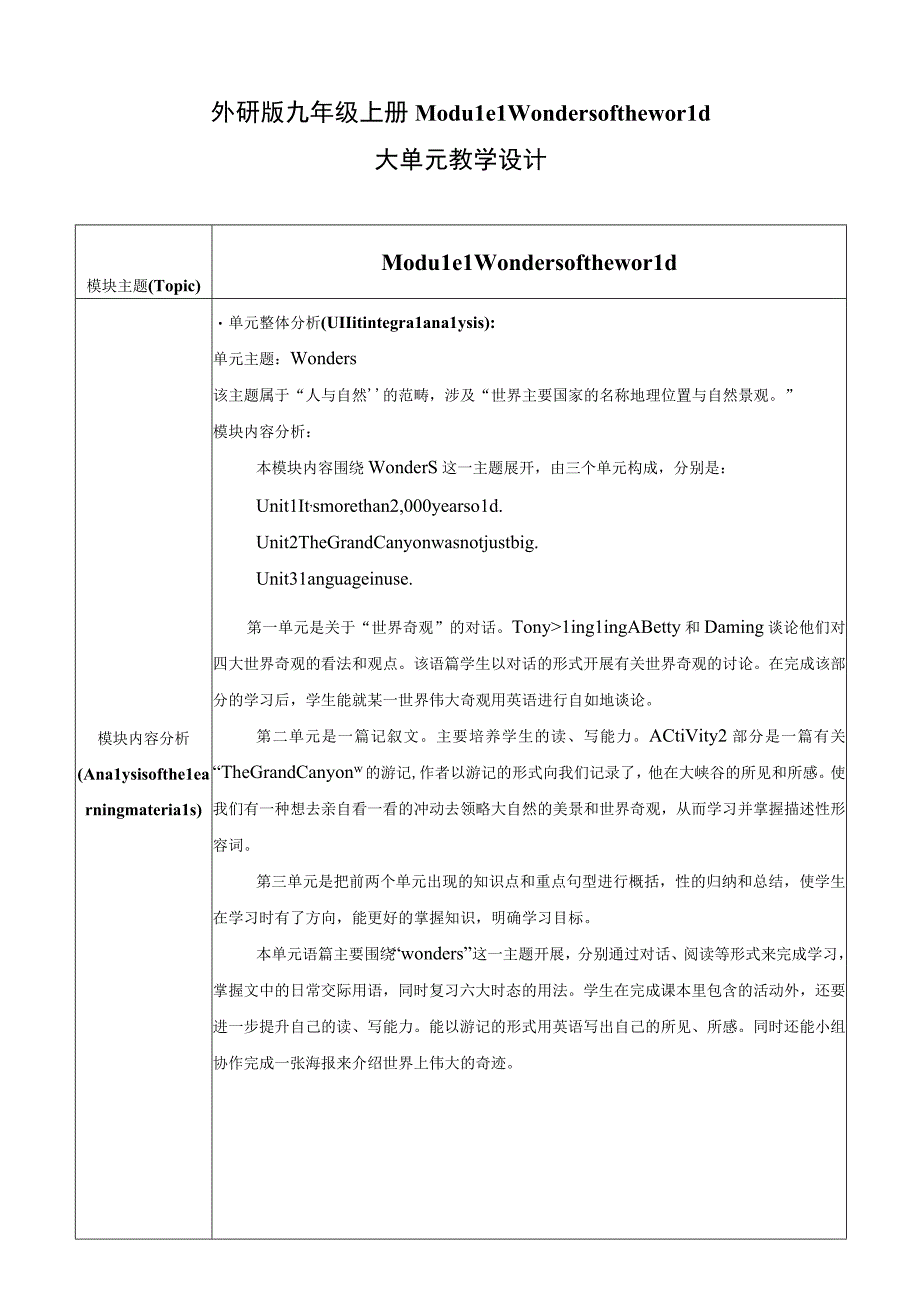 外研版九年级上册Module 1 Wonders of the world Unit 2单元整体教学设计.docx_第1页