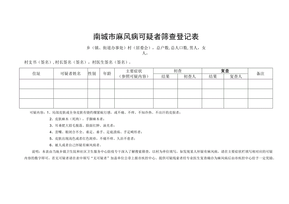 南城市麻风病可疑者筛查登记表（模板）.docx_第1页