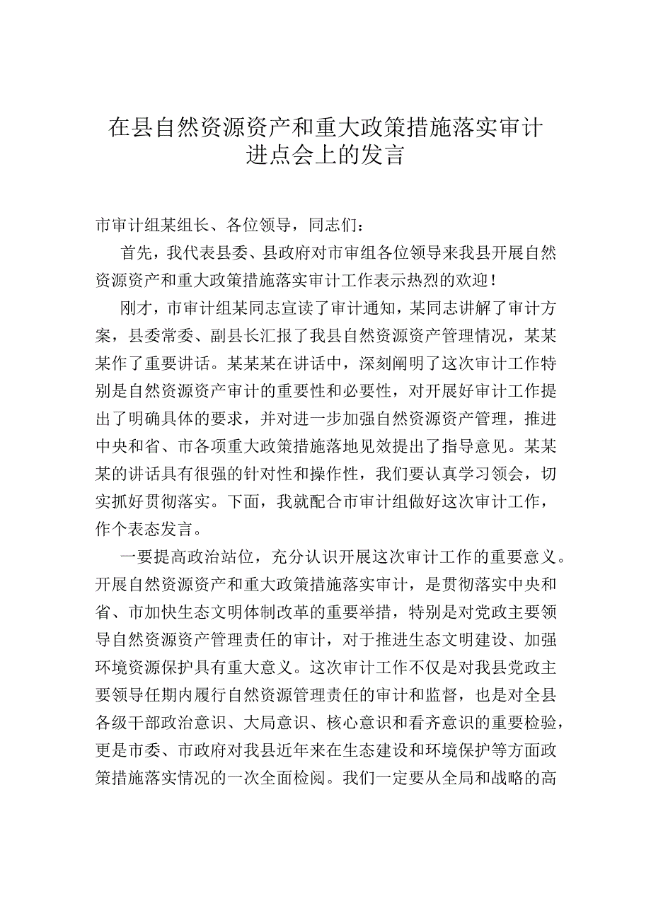 在县自然资源资产和重大政策措施落实审计进点会上的发言.docx_第1页