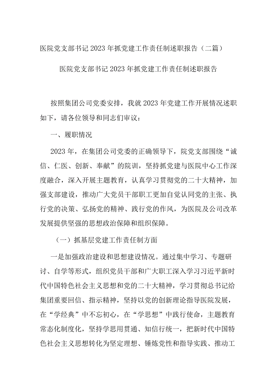 医院党支部书记2023年抓党建工作责任制述职报告(二篇).docx_第1页