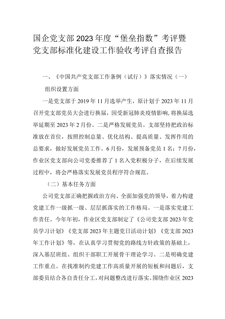 国企党支部2023年度“堡垒指数”考评暨党支部标准化建设工作验收考评自查报告.docx_第1页