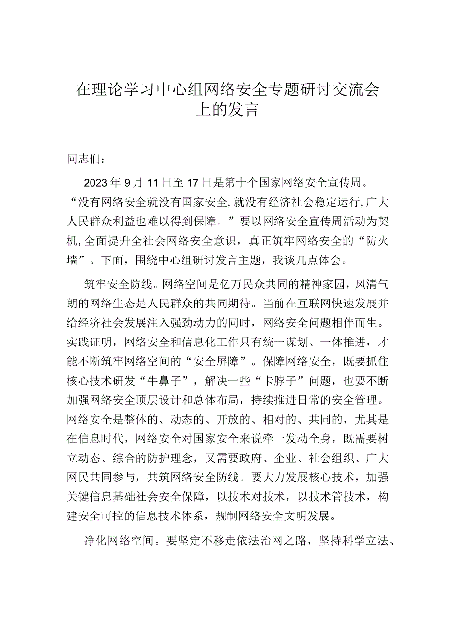 在理论学习中心组网络安全专题研讨交流会上的发言.docx_第1页