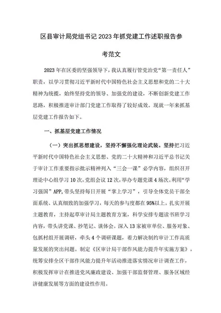 区县审计局党组书记2023年抓党建工作述职报告参考范文.docx_第1页