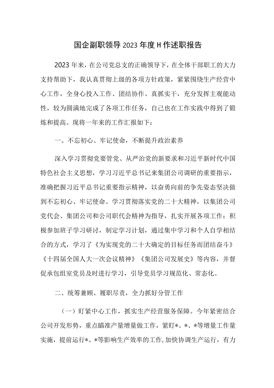 国企副职领导2023年度工作述职报告参考范文.docx_第1页