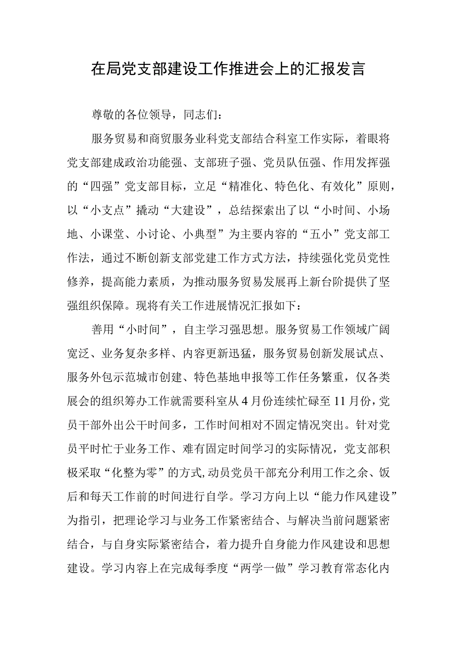 在局党支部建设工作推进会上的汇报发言.docx_第1页