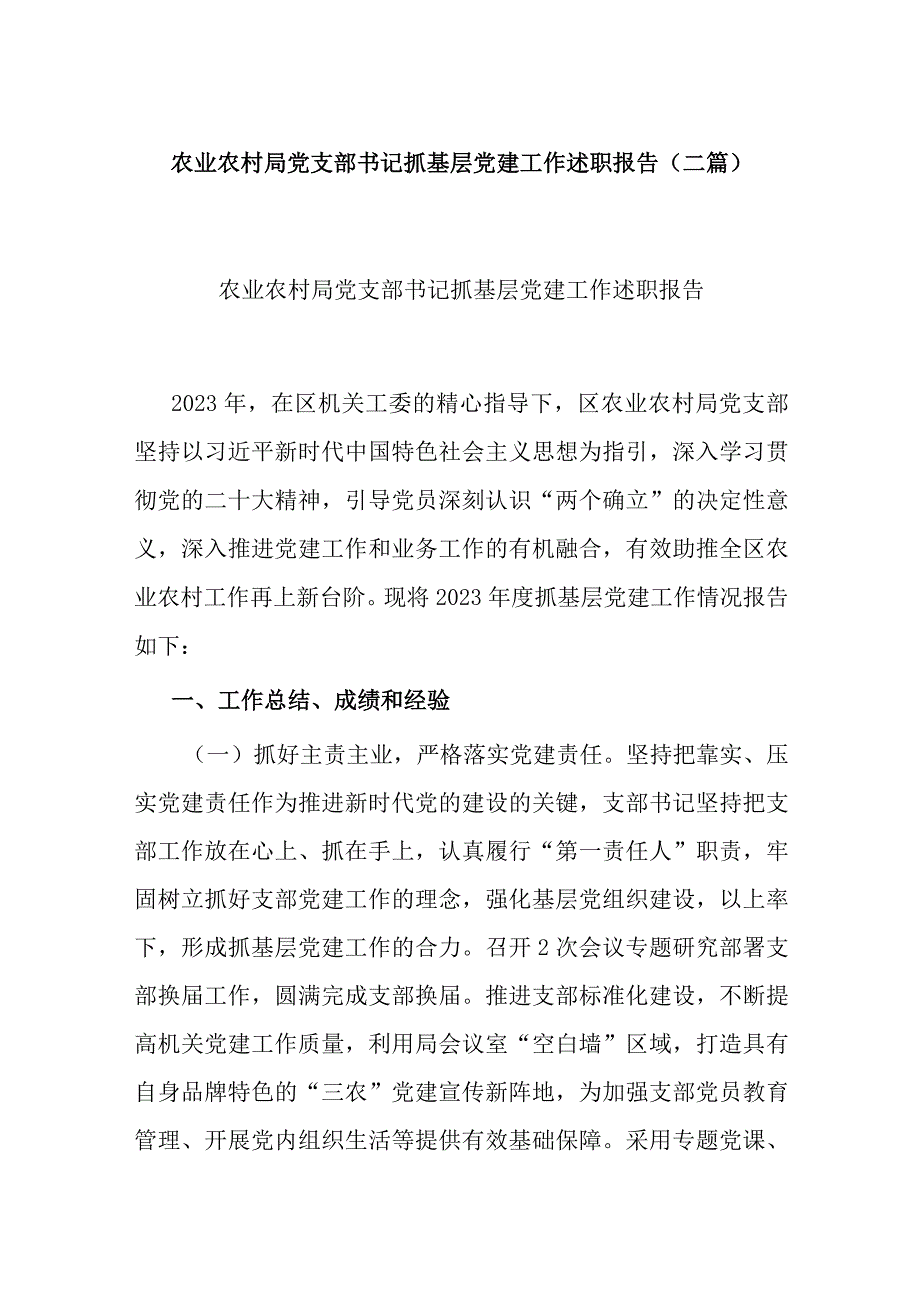 农业农村局党支部书记抓基层党建工作述职报告.docx_第1页