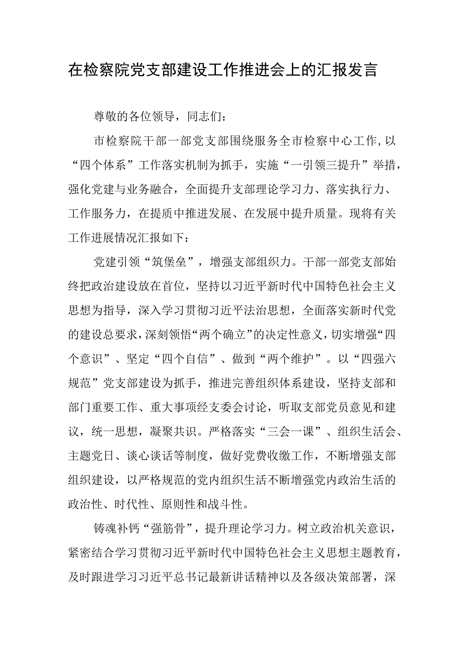 在检察院党支部建设工作推进会上的汇报发言.docx_第1页