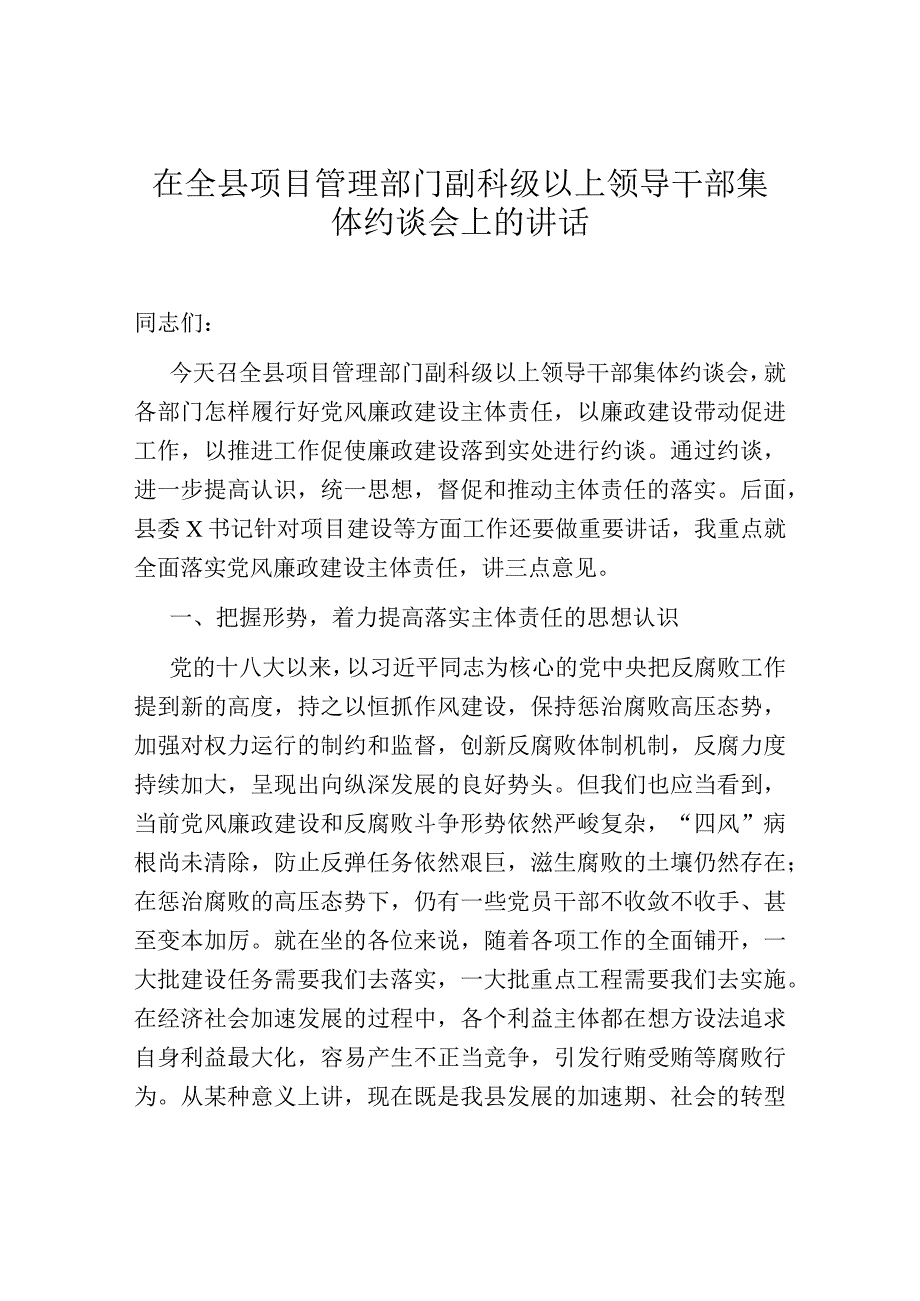 在全县项目管理部门副科级以上领导干部集体约谈会上的讲话.docx_第1页