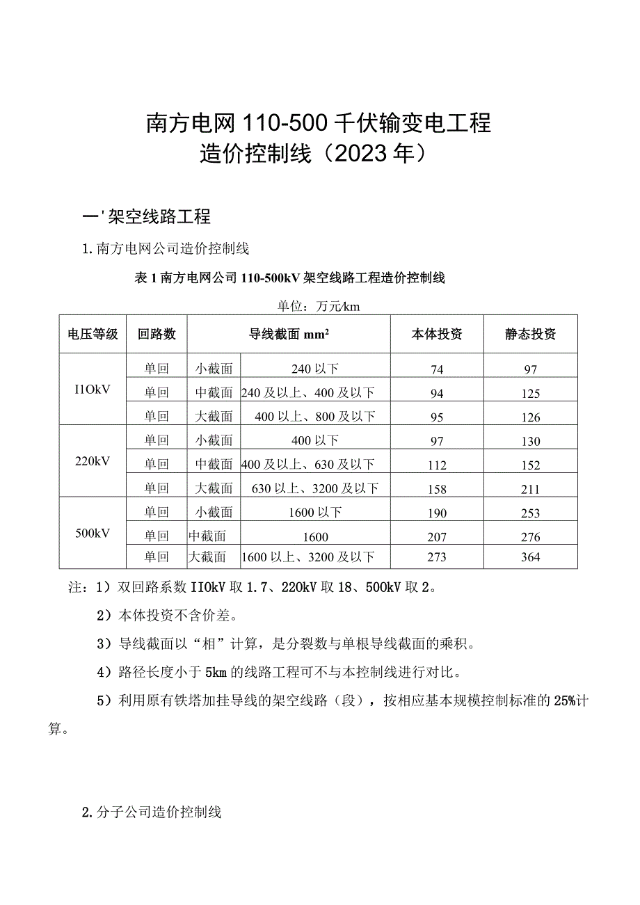 南方电网110-500千伏输变电工程造价控制线(2023年).docx_第1页