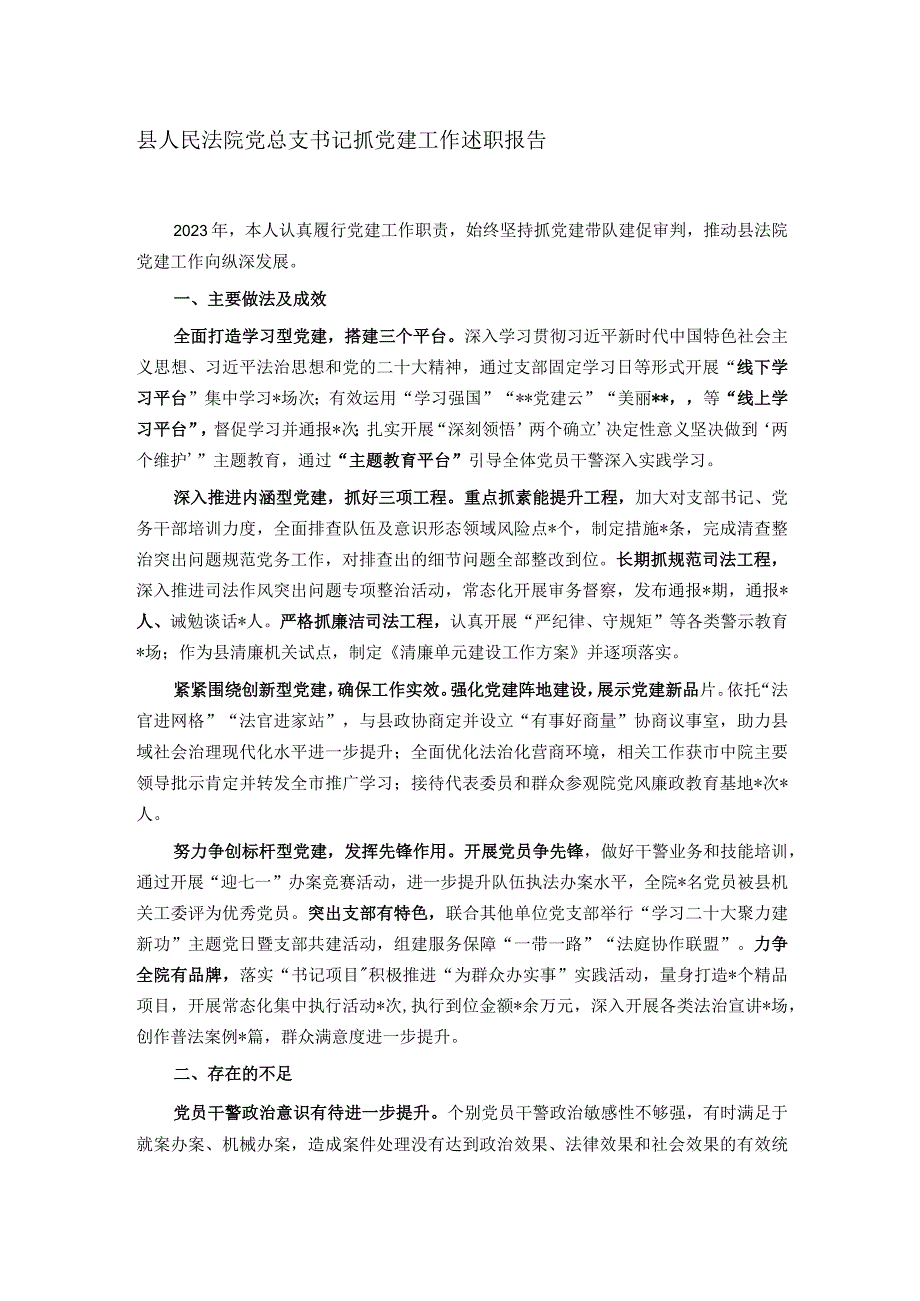 县人民法院党总支书记抓党建工作述职报告.docx_第1页