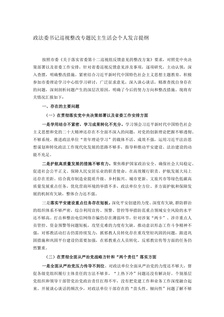 政法委书记巡视整改专题民主生活会个人发言提纲.docx_第1页