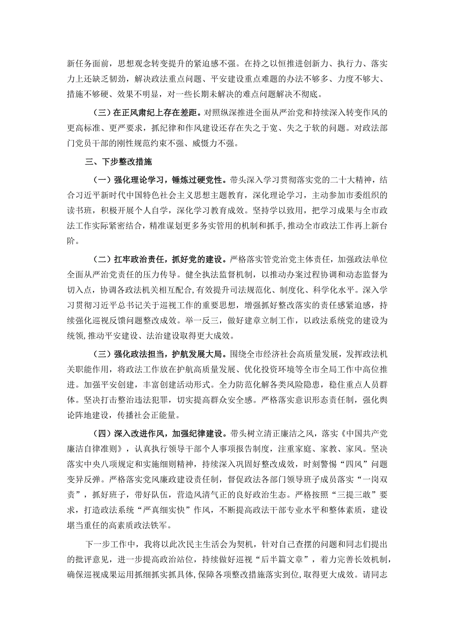 政法委书记巡视整改专题民主生活会个人发言提纲.docx_第3页