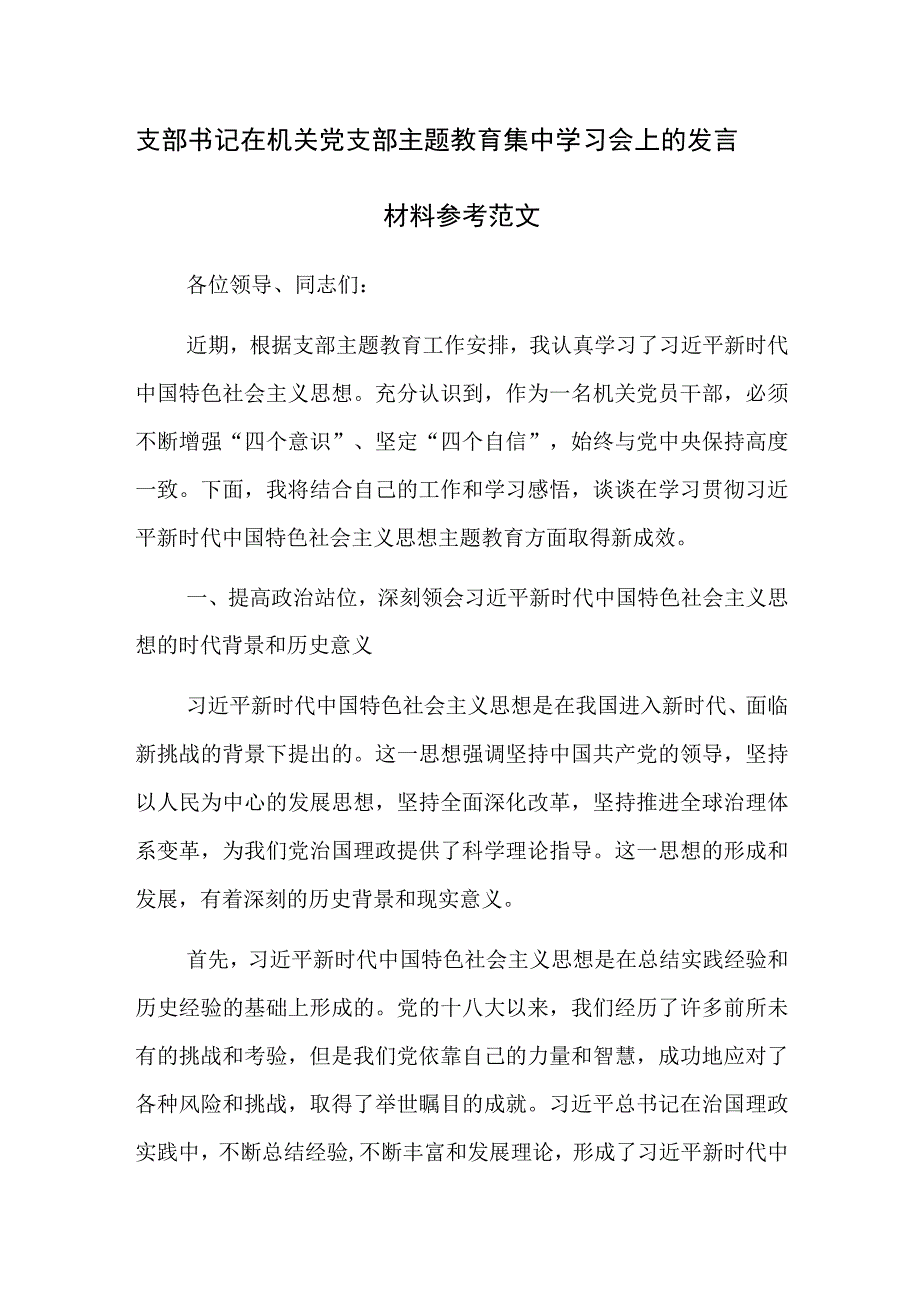 支部书记在机关党支部主题教育集中学习会上的发言材料参考范文.docx_第1页