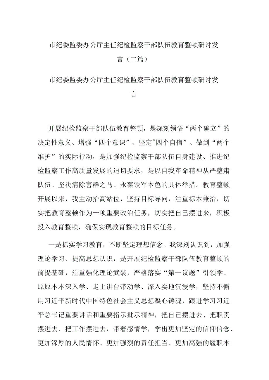 市纪委监委办公厅主任纪检监察干部队伍教育整顿研讨发言(二篇).docx_第1页