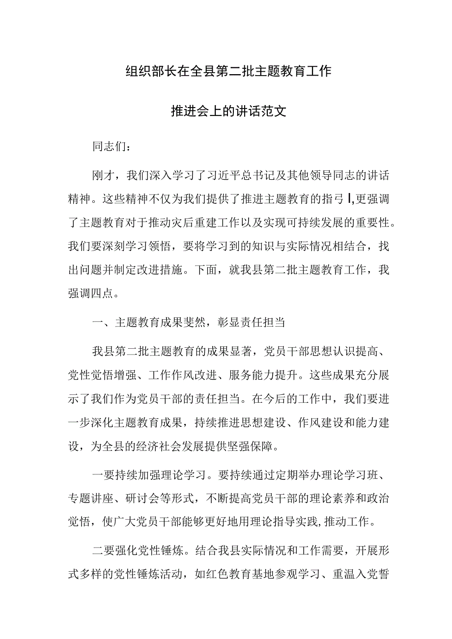 组织部长在全县第二批主题教育工作推进会上的讲话范文.docx_第1页